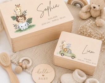 Erinnerungskiste Baby personalisiert Safari Motive, Erinnerungsbox, Holzkiste, Babygeschenk | Taufgeschenk | Geschenkidee zur Geburt