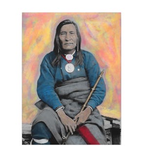 May include: A portrait of a person with long dark hair wearing a blue jacket and a grey blanket over their lap. They have a white beaded necklace with a circular pendant. A long wooden pipe is held in their hands. The background is a colorful wash.