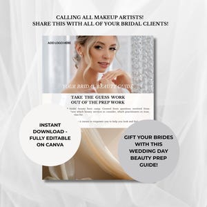 Op de afbeelding: Een digitale bruids-beautygids met de tekst "ROEP ALLE MAKE-UP ARTIESTEN OP! DEEL DIT MET AL JE BRUIDSCLIËNTEN!" en "JOUW BRUIDS-SCHOONHEIDSGIDS". De gids bevat een foto van een vrouw en de tekst "HAAL HET GISSEN UIT DE VOORBEREIDING".
