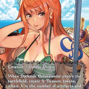 May include: A fantasy art card featuring a Goblin Pirate character with orange hair and a green bikini top. The card includes the text "Dockside Extortionist" and "Creature - Goblin Pirate". The character has a blue tattoo on their arm. The card's power and toughness are 1/2.