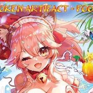 Könnte beinhalten: Anime-Illustration mit dem Text "TOKEN ARTIFACT - FOOD". Das Bild zeigt eine Figur mit rosa Haaren, einem Glockenhalsband und einem Cocktail. Schmetterlinge und tropisches Laub sind ebenfalls vorhanden, alles vor einem roten Rahmen.