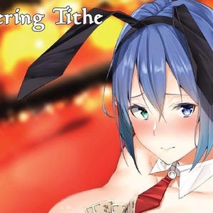 Può includere: Illustrazione in stile anime di un personaggio con capelli blu, orecchie da elfo e una fascia per capelli con orecchie da coniglio. Il personaggio indossa una camicia bianca, una cravatta rossa e ha le guance arrossate. Il testo "Smothering Tithe" è in alto.