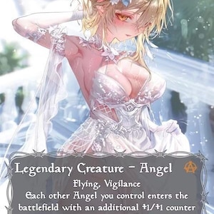 Pode incluir: Carta de fantasia com Giada, Fonte de Esperança, um anjo loiro em um vestido branco com detalhes florais. A carta é uma Criatura Lendária - Anjo com Voar e Vigilância. Custo de mana: 1.