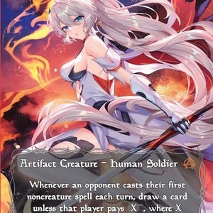 May include: A fantasy art card featuring a female character with long white hair and blue eyes, dressed in a white and silver outfit. The card is titled "Esper Sentinel" and includes text describing its abilities. The background is a fiery orange and red.