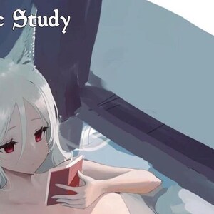 May include: Anime-style illustration featuring a character with white hair and red eyes, reading a red book. The text "Rhystic Study" is at the top left. A small icon with the number "1" and a fish is in the top right corner. The background is a muted blue.