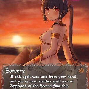 Op de afbeelding: Een fantasiekaart met een vrouwelijk anime-personage met kattenoren, versierd met gouden armbanden en sieraden. De kaart heeft de titel "Approach of the Second Sun" en bevat speltekst over een toverspreuk. De achtergrond toont een zonsondergang.