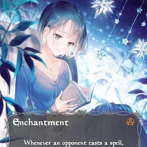 May include: A fantasy-themed card with the text "Rhystic Study" at the top. The card features an illustration of a person reading a book, with a blue and white color scheme. The word "Enchantment" is also visible.