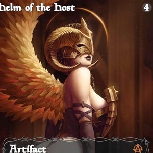 May include: Illustration of a fantasy character wearing a golden horned helmet and holding a shield. The character has large golden wings and is set against a dark background. The text "helm of the host" and "Artifact" are visible.