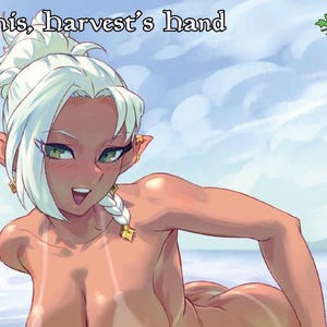 Op de afbeelding: Een illustratie van een blanke elf met wit haar en puntige oren. De elf heeft groene ogen en glimlacht. De tekst "Sythis, harvest's hand" staat bovenaan de afbeelding. De achtergrond is een lichtblauwe lucht.