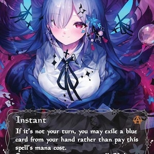 Puede incluir: Una carta de arte de fantasía titulada "Force of Negation" que presenta a un personaje de anime femenino con largo cabello azul, un halo blanco y un atuendo azul. La carta tiene el texto "Instant" y detalles sobre el hechizo.