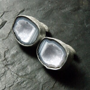 White and Grey Blue Geode Druzy Cufflinks in Sterling Silver