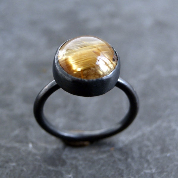 Golden Rutilated Quartz Ring - Oxidized Sterling Silver