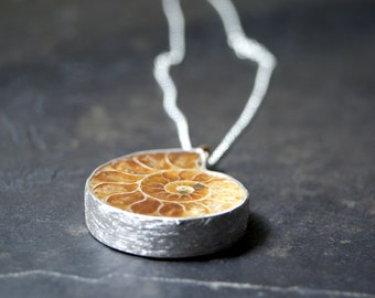 Ammonite Fossil Necklace in Sterling Silver and 14K Recycled Yellow Gold - One of a Kind