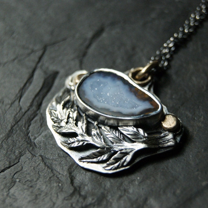 Sterling Silver and 14K Gold...ooak Blue Tabasco Geode and Silver Branch Necklace
