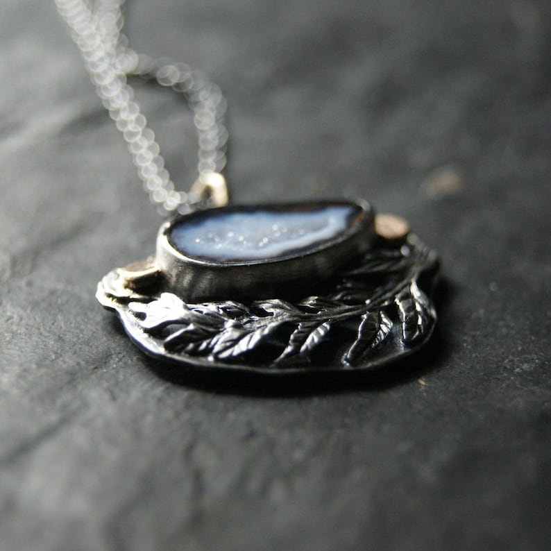 Sterling Silver and 14K Gold...ooak Blue Tabasco Geode and Silver Branch Necklace