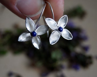 Bloom Flower Earrings - Fine Silver, Lapis Lazuli