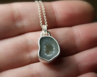 Light Grey Tabasco Geode Druzy Necklace in Sterling Silver