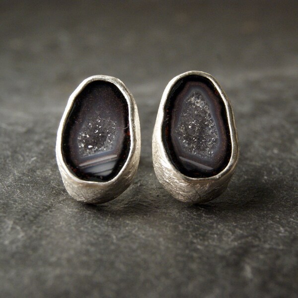 SALE - Dark Grey Geode Studs in Sterling Silver