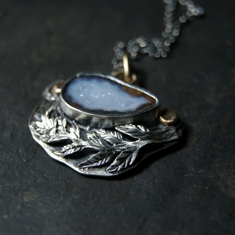 Sterling Silver and 14K Gold...ooak Blue Tabasco Geode and Silver Branch Necklace