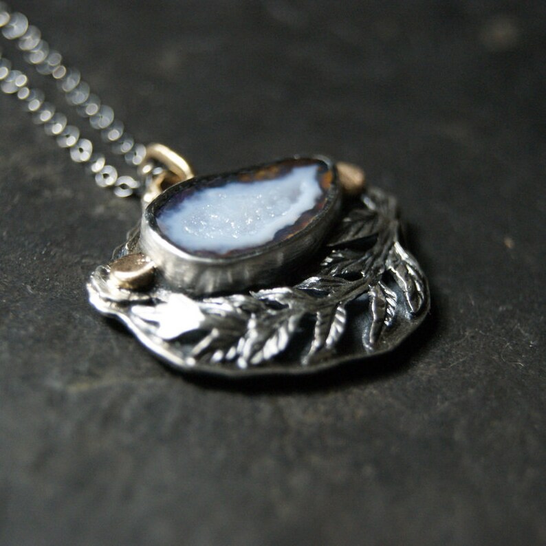 Sterling Silver and 14K Gold...ooak Blue Tabasco Geode and Silver Branch Necklace