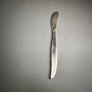 Könnte beinhalten: Ein silberfarbenes Buttermesser aus Metall mit einem glatten, geschwungenen Griff und einer abgerundeten, stumpfen Klinge. Das Utensil hat eine polierte Oberfläche mit leichten Gebrauchsspuren, einschließlich feiner Kratzer und Glanz.