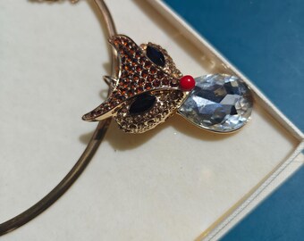 Golden Rhinestone Fox Necklace, Fox Choker with Crystal Teardrop
