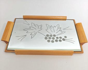 Vintage Mid Century Mirrored Serving Tray with Reverse Etched Grapes & Wood Handles.