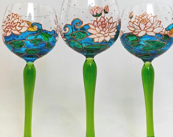 Vintage Art Noveau / Art Deco hand Painted Wine Glass Set. Personalized gift.
