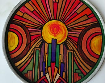 Vintage Art Deco Sunburst Serving Tray, Handpainted Personalized Gift.