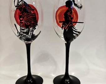 Hand Painted Samurai Wine Glass Set. Personalized gift. Japanese Warrior Art Glassware