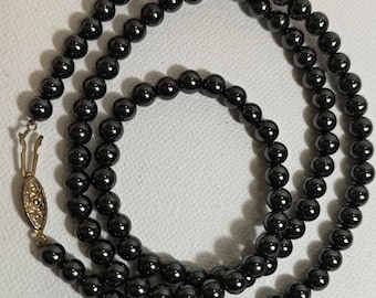 Vintage Hematite Bead Necklace with Gold Tone Clasp