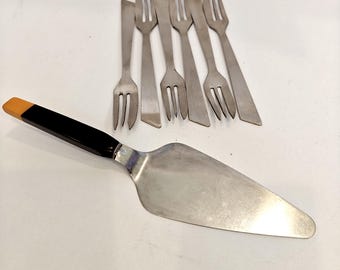 Vintage Bakelite Cake Server and Forks Set, Mid-Century Modern Pastry Flatware