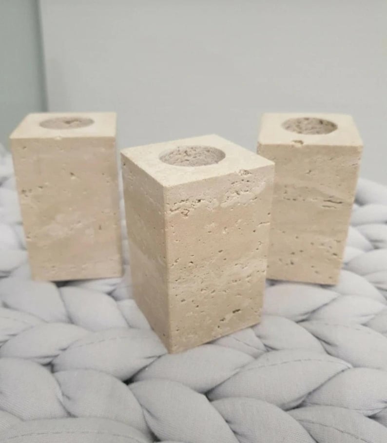 travertine candlestick crafted from natural stone in a clean rectangular shape