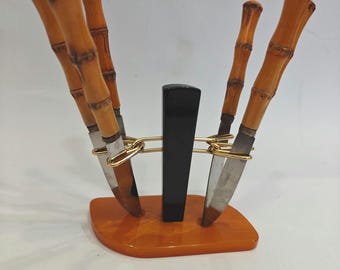 Antique German Knives with Bamboo Handles – Bakelite Catalin Stand, Art Deco Rostfrei