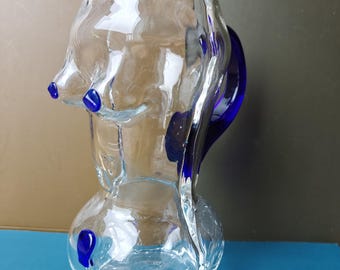 Vintage Hand-Blown Art Glass Torso Beer Cup – Cobalt Blue Accents, Possibly Erik Höglund