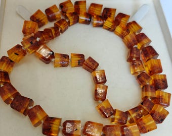 Vintage Natural Honey Amber in Lucite. Square Cut Necklace. Cognac Beads.