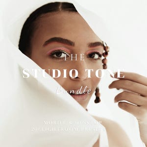 Puede incluir: Una mujer con sombra de ojos rosa y un velo blanco. Se muestra el texto "THE STUDIO TONE Bundle", junto con "MOBILE & DESKTOP" y "20+ LIGHTROOM PRESETS".