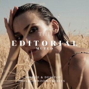 May include: A woman with dark hair and makeup poses in a wheat field. The text "THE EDITORIAL MUTED" is overlaid on the image. Below the text are the words "MOBILE & DESKTOP" and "100+ LIGHTROOM PRESETS".