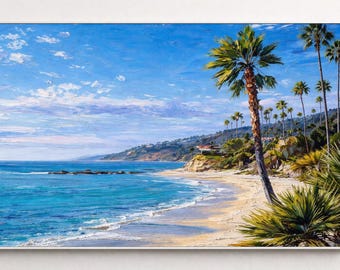 Laguna Beach Frame TV Art, Coastal Seascape with Palm Trees, Ocean View Summer Wall Decor, Vibrant California Coast, Samsung Frame TV Art