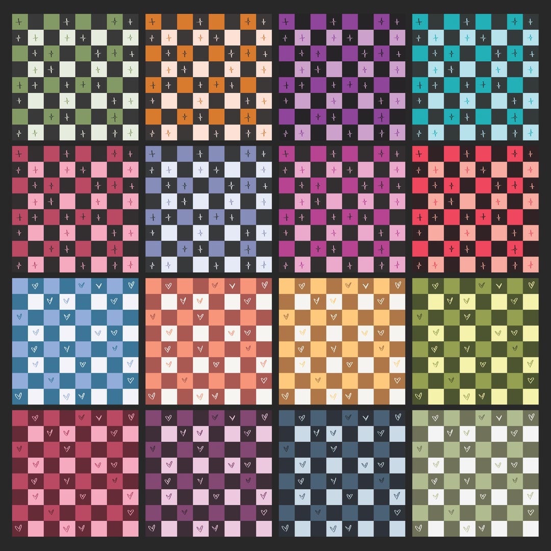 Pack of 16: Colorful Doodle Checkered Seamless Patterns With Hearts or ...