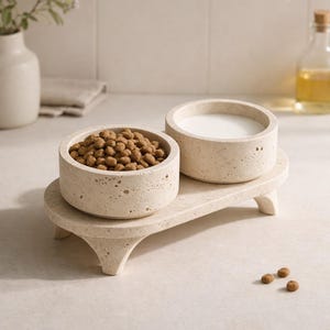 Könnte beinhalten: Beiges Futternapf-Set mit zwei runden Schalen auf einem passenden Tablett. Eine Schale ist mit braunen Kroketten gefüllt, die andere mit weißer Flüssigkeit. Das Set besteht aus einem strukturierten Material und ist für Tierfutter und Wasser bestimmt.