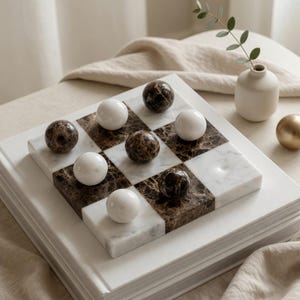 Könnte beinhalten: Ein Tic-Tac-Toe-Spiel aus Marmor mit abwechselnd weißen und braunen Quadraten. Das Spiel enthält neun weiße und braune Marmorkugeln. Das Spiel befindet sich auf einem Stapel weißer Bücher, mit einer kleinen weißen Vase und einer goldenen Kugel im Hintergrund.