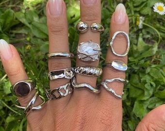 Lot de 12 Bagues Argentées Ajustables | Set de Bagues Style Liquide, Chaîne  Grosse Perle Baroque | Bijoux Grunge Chic  Gothique Minimaliste