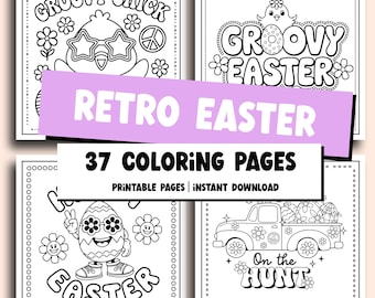 Páginas para colorear de Pascua retro para niños / 37 hojas imprimibles de actividades de primavera (PDF)
