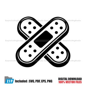 Puede incluir: Ilustración en blanco y negro de dos vendas adhesivas superpuestas. Cada venda tiene un apósito rectangular en el centro y varios círculos pequeños y espaciados uniformemente. La imagen incluye el texto "DESCARGA DIGITAL 100% ARCHIVOS VECTORIALES".