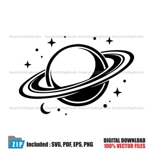 May include: Black and white vector graphic of a planet with rings, stars, and a crescent moon. The image includes the text "DIGITAL DOWNLOAD 100% VECTOR FILES" and file type information.