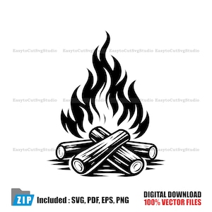 May include: Black and white illustration of a campfire with flames rising above stacked logs. The image includes the text "Included: SVG, PDF, EPS, PNG" and "DIGITAL DOWNLOAD 100% VECTOR FILES".