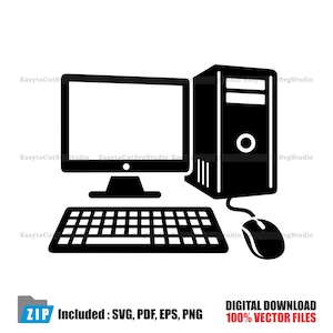 Può includere: Grafica vettoriale in bianco e nero di una configurazione di computer desktop. L'immagine include un monitor, una tastiera, un mouse e un case del computer. Il testo in basso recita "DOWNLOAD DIGITALE 100% FILE VETTORIALI" e "Incluso: SVG, PDF, EPS, PNG".
