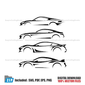 Könnte beinhalten: Vier schwarze Vektor-Autos in verschiedenen eleganten Designs. Das Bild enthält den Text "DIGITALER DOWNLOAD 100% VEKTORDATEIEN" und "Enthalten: SVG, PDF, EPS, PNG".