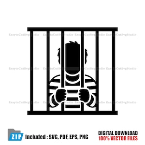 May include: A black silhouette graphic design featuring a person wearing a striped shirt standing behind vertical prison bars. The image includes the repeated watermark text EasytoCutSvgStudio and a label for digital download file formats.